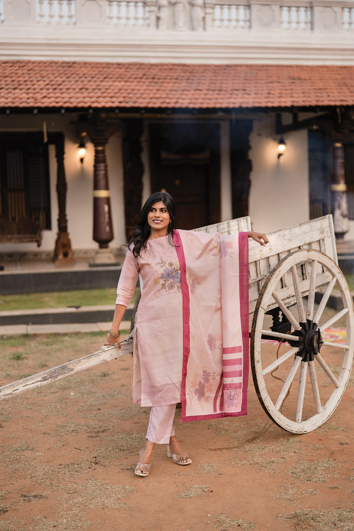 Rose Mist Light Pink 3 Piece Tussar Silk Blend Floral Embroidered & Printed Kurta with Pant & Dupatta