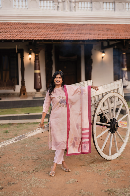 Rose Mist Light Pink 3 Piece Tussar Silk Blend Floral Embroidered & Printed Kurta with Pant & Dupatta