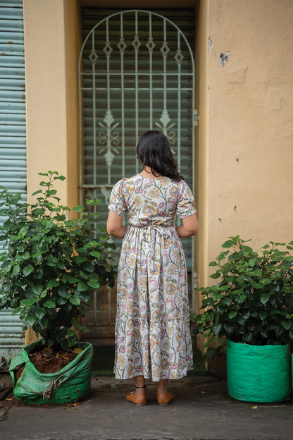 Zarika Beige floral printed Maternity and Feeding Cotton Blend Dress