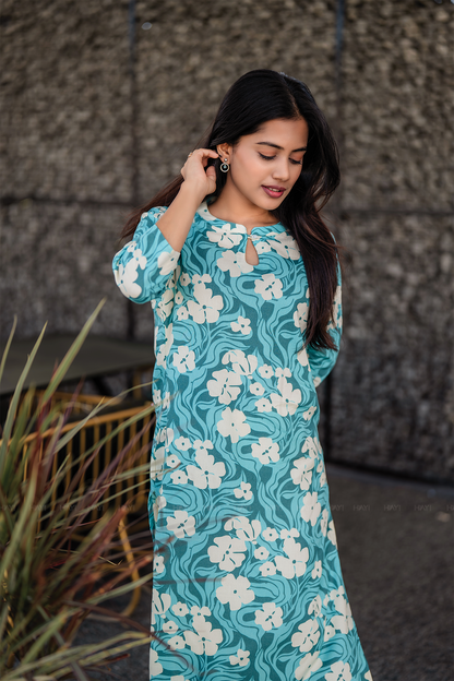 Blue Current Viscose Kurti with Closed Neck & 3/4th Sleeves