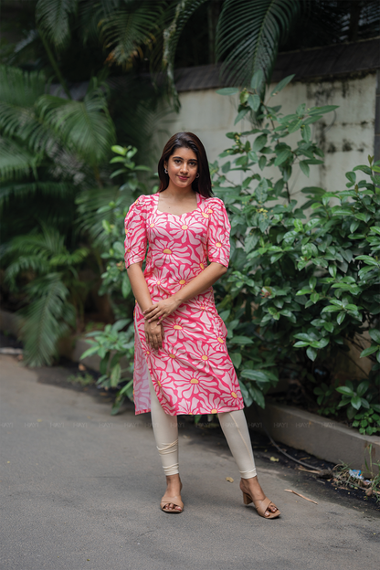 Floral Dream Pink Viscose Kurta with Sweetheart Neck & Leg-O-Mutton Sleeves