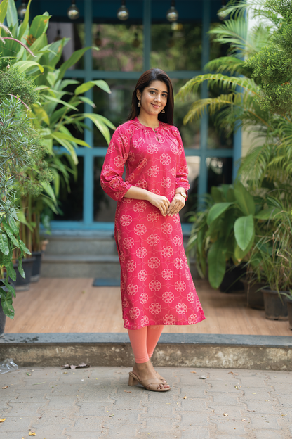 Mystic Berry Majenta Viscose Kurta with Neck Band & light Gathered Sleeves