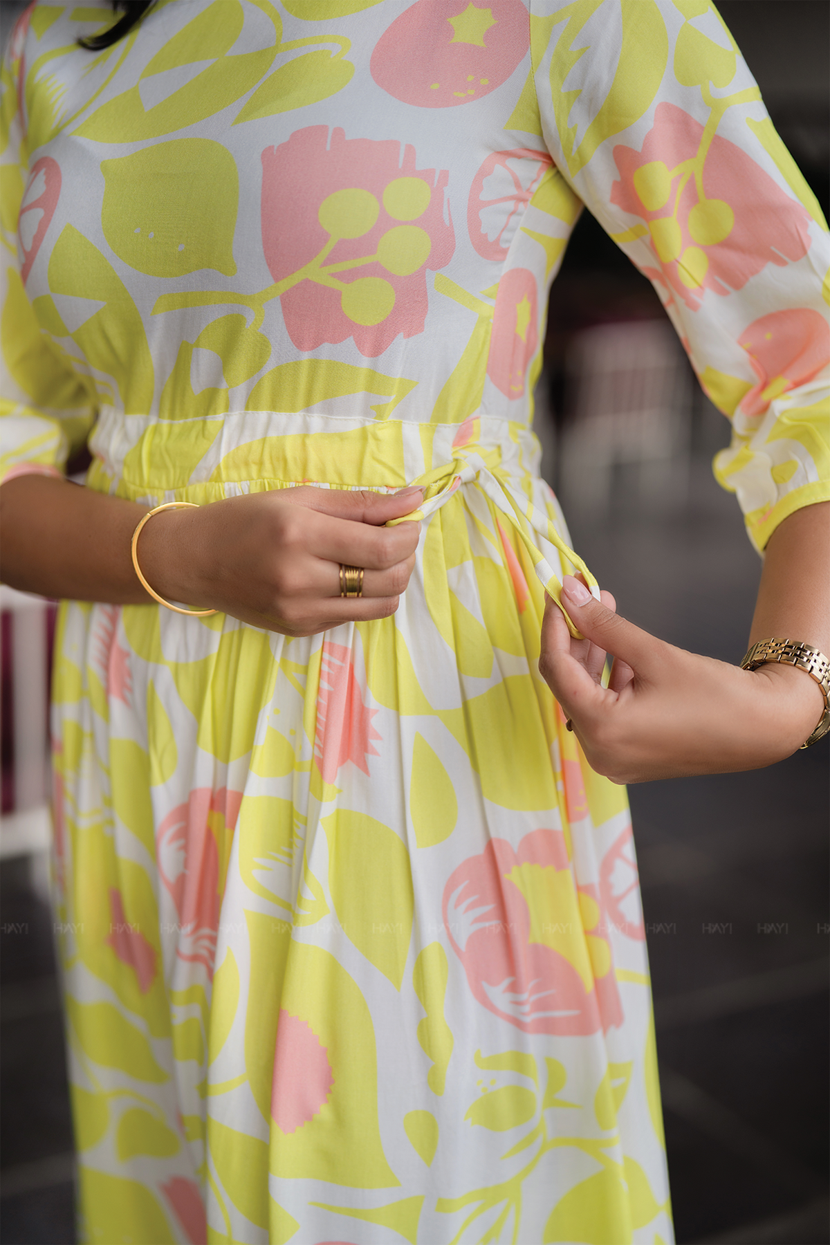 Bloom Breeze Green Viscose Dress with Boat Neck & 3/4th Sleeves