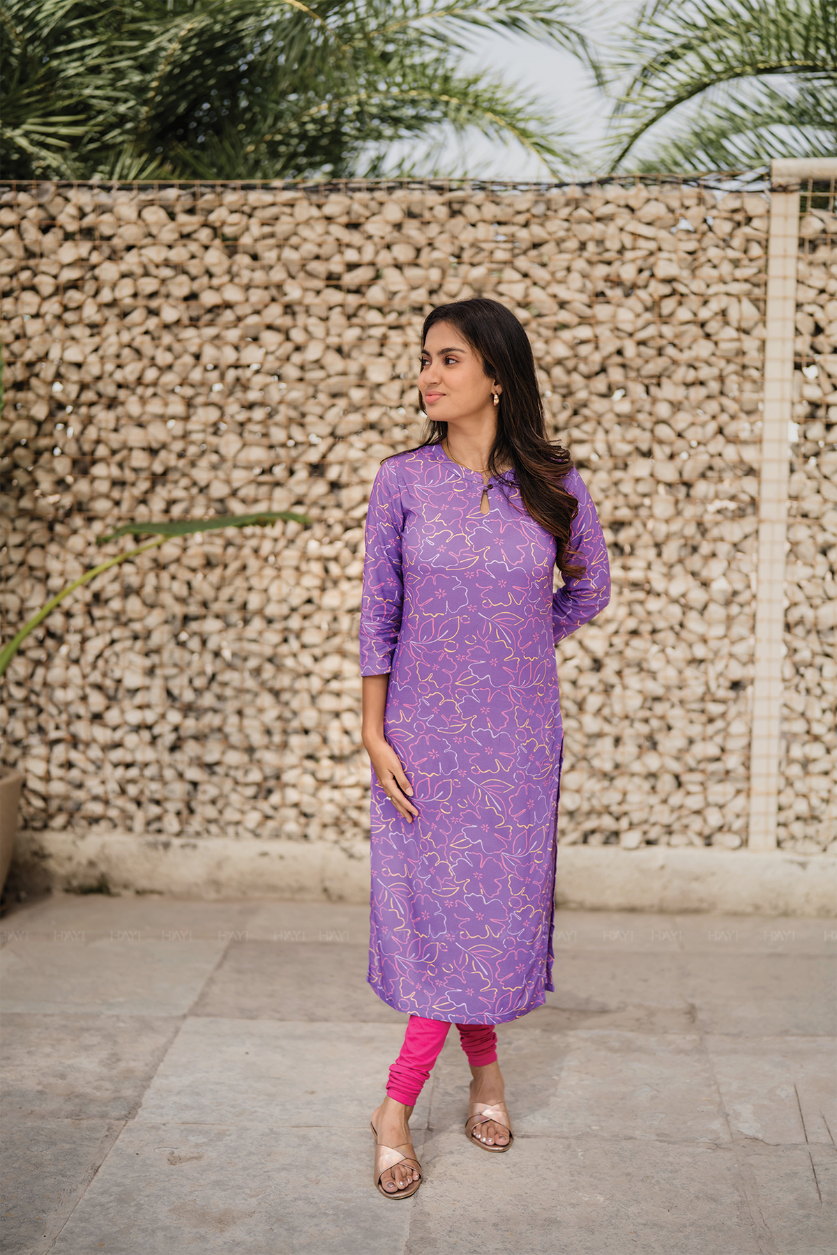 Floral Boodle Violet Viscose Kurti with Chinese Neck & 3/4 Sleeves