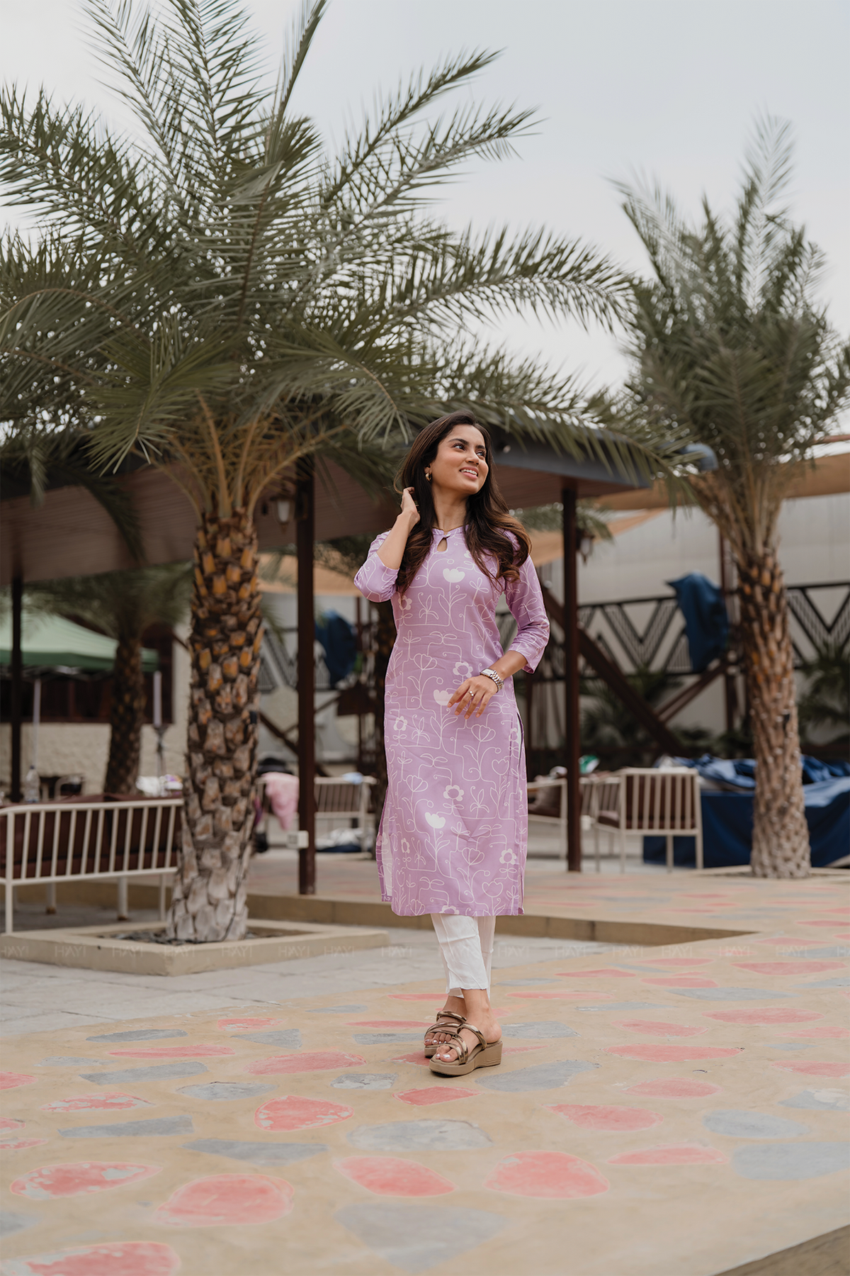 Floral Code Pink Viscose Kurti with Chinese neck with Keyhole & 3/4th Sleeves