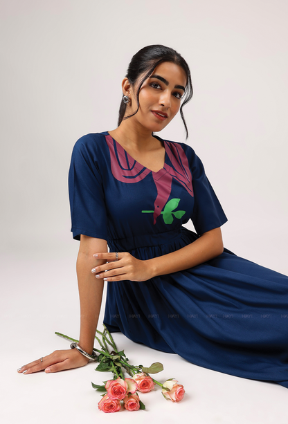 Dark Navy with Breeze 'o' Feathers printed Viscose Dress