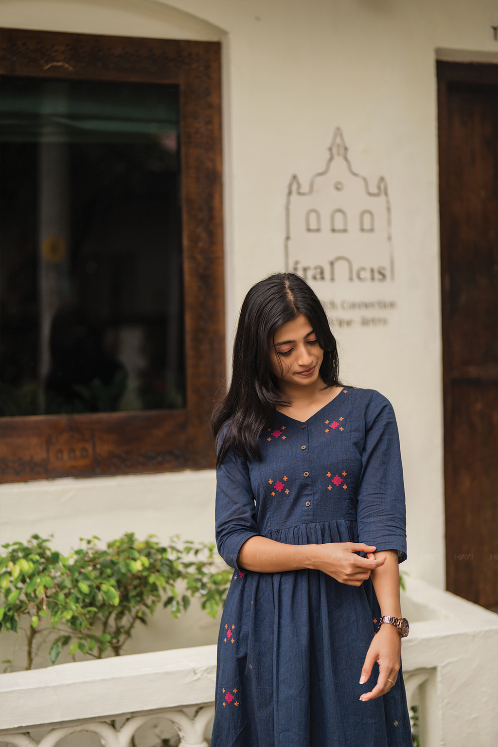 Smoke wood Blue Handloom Dress with V-Neck & 3/4th Sleeves