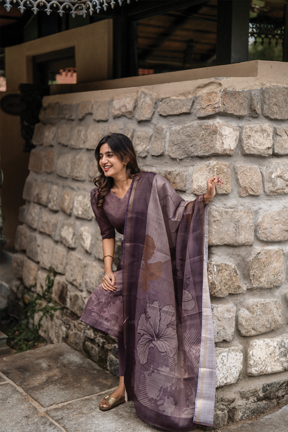 Nritya Lavender printed 2 Piece Linen Shimmer Kurta with Dupatta