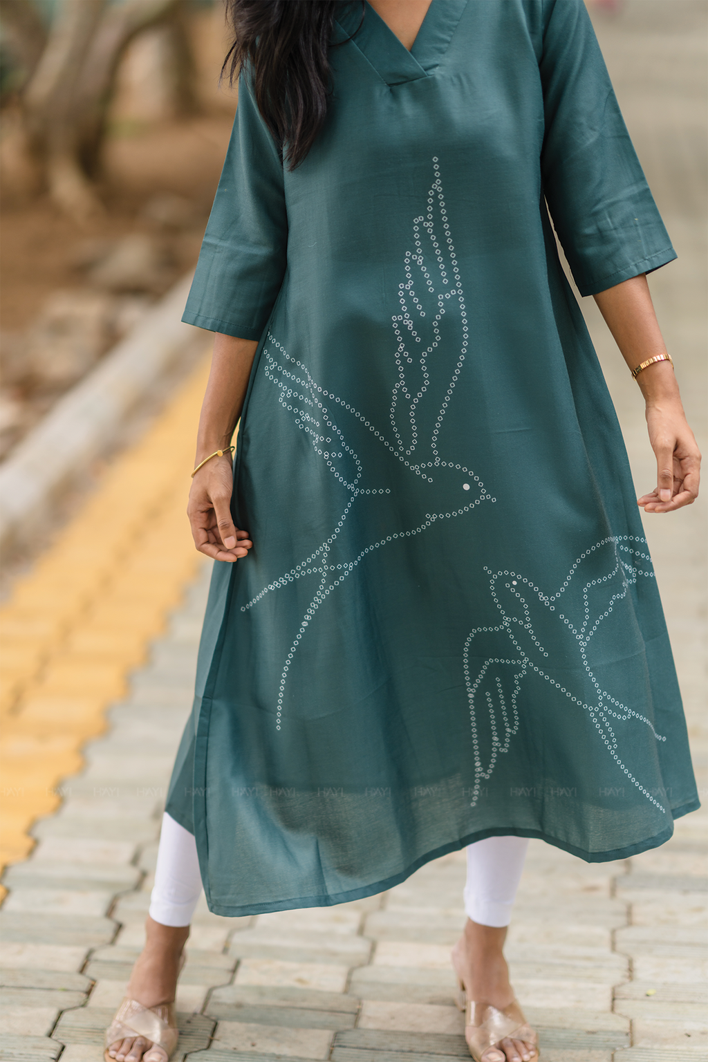 Tender Green with Wings Of Dusk Linen Blend A-line Dress