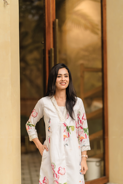 Pastel Floral Dream Off-White Linen Blend Co-ord with V-Neck & Lace