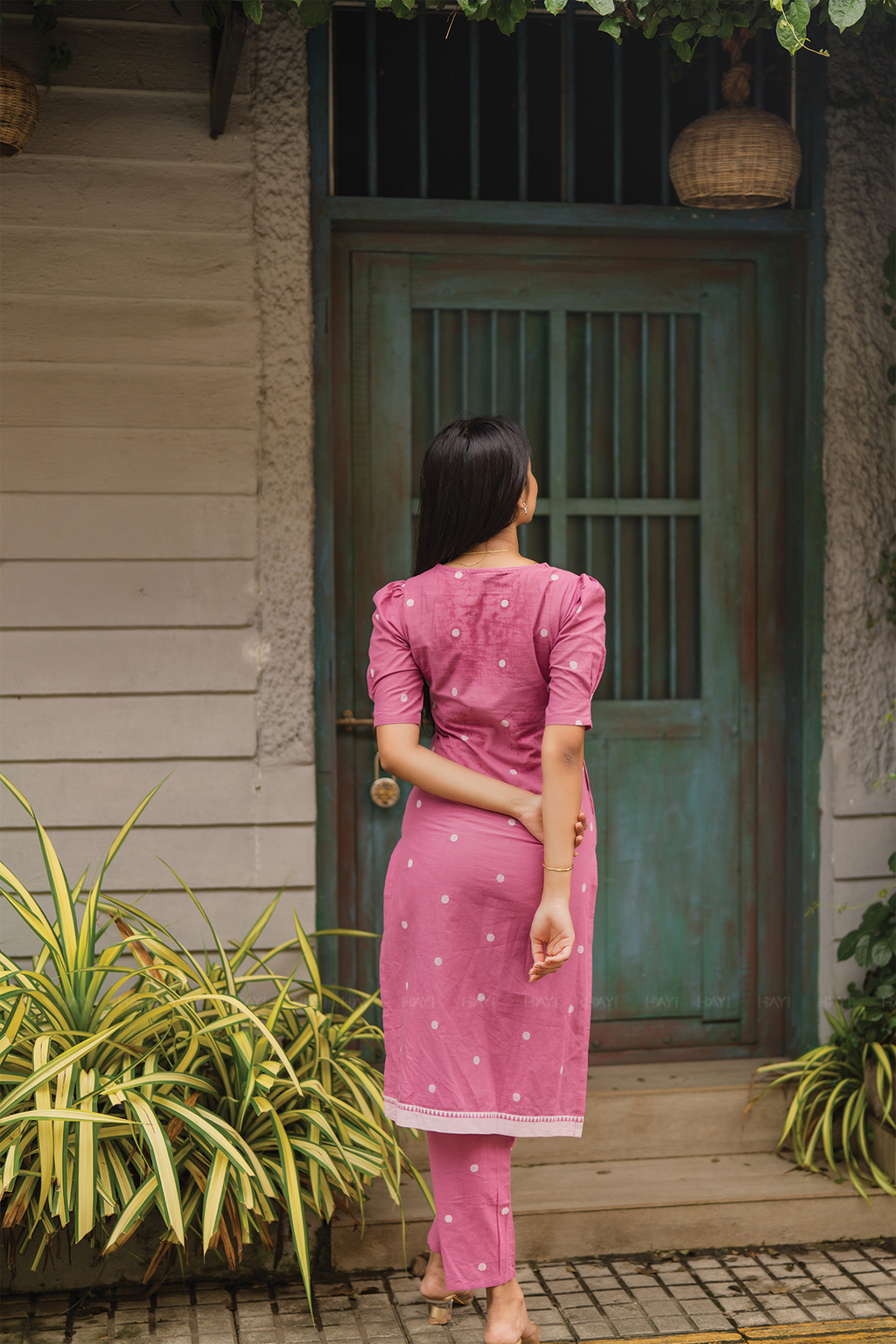 Celestia Dots Pink Handloom Cotton Co-ord with V-Neckline & Puff Elbow Sleeves