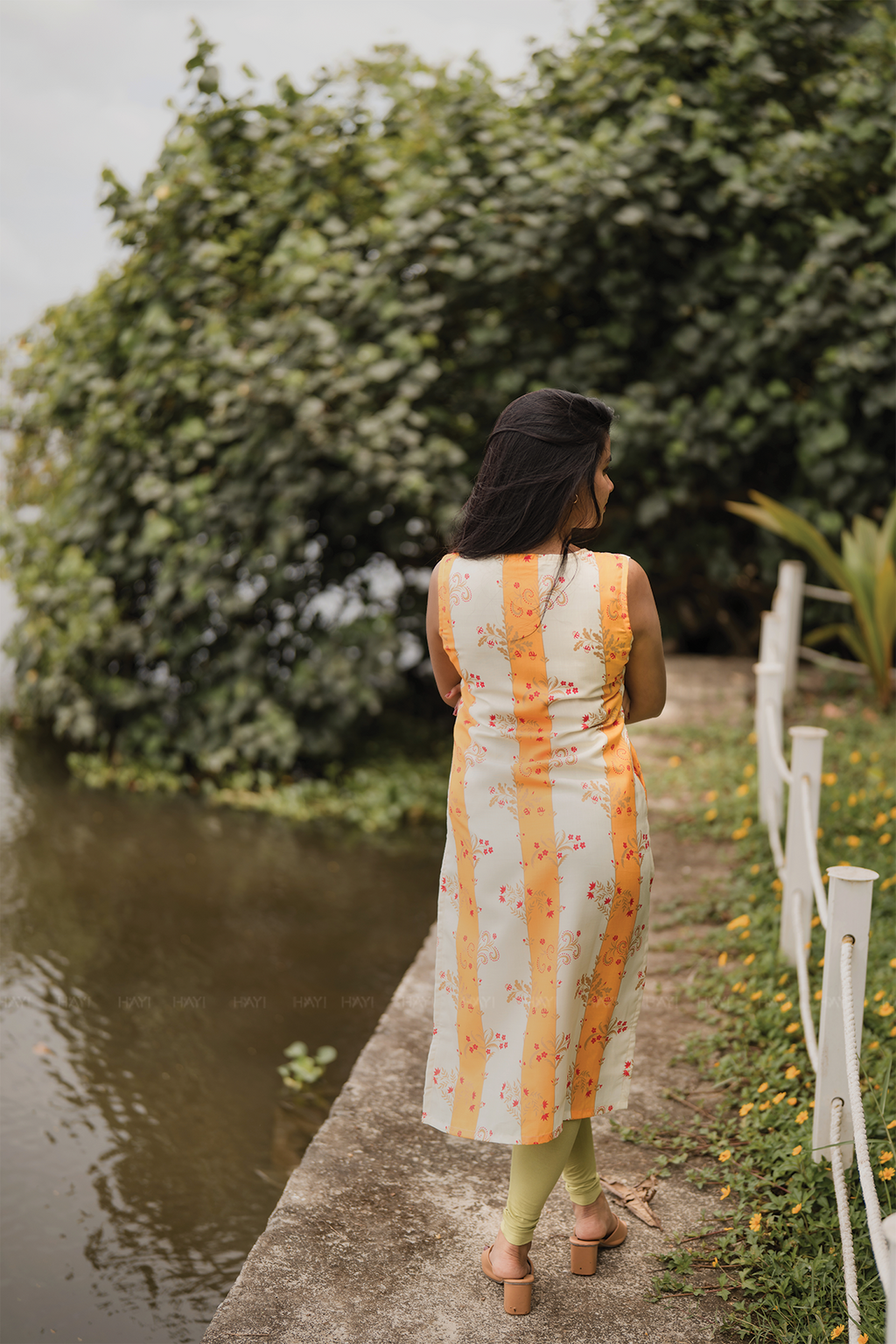 Sylan Yellow with Sunshine floral printed Linen Blend Kurta with attached 3/4th Sleeves