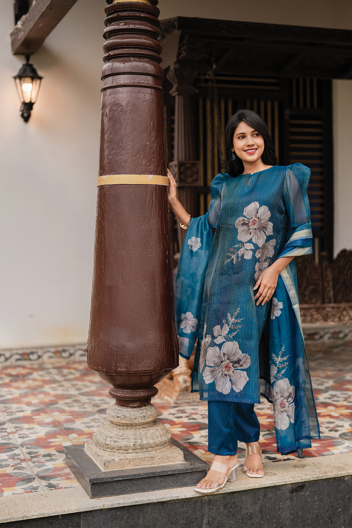 Lagoon Petals 3 Piece Peacock Blue Organza Printed Kurta with Pant & Dupatta