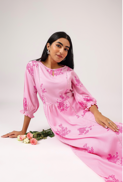 Light Pink with All About Flowers printed Viscose A-line Dress