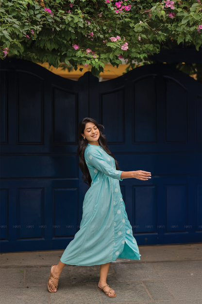 Fog Blue with Mist Pleats printed Viscose A-line Dress