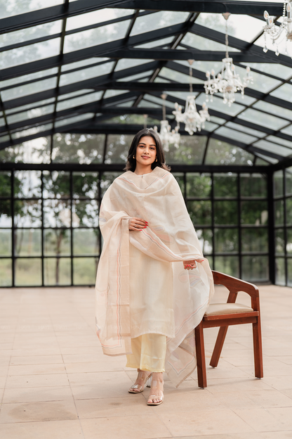 Pearl Off-White 2 Piece Silk Blend Placement Printed Embroidery Kurta with Pant & Dupatta