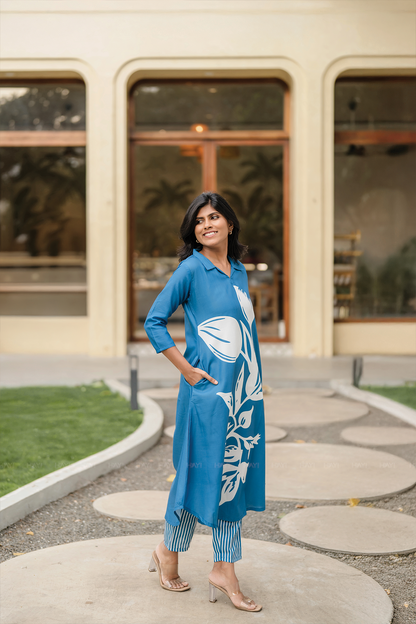 Moonbloom Stride Blue Linen Blend A-Line Co-ord with Shirt Collar & Placement Print