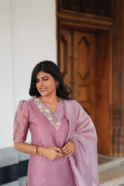 Pinkshift Shimmer 3 Piece Tissue Hand-Embroidered Kurta with Pant & Dupatta