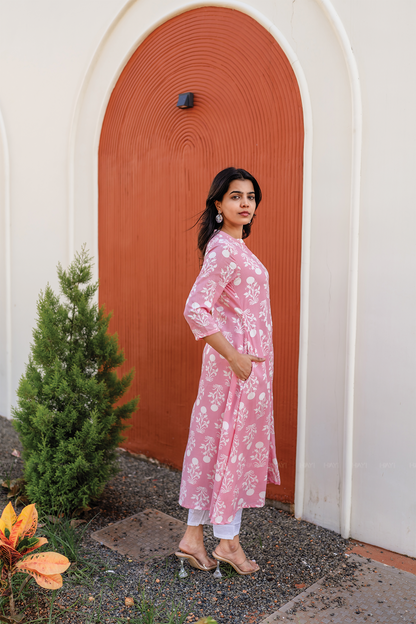 Blush Tale Pink A-line Dress with Chinese Collar & 3/4th Sleeves