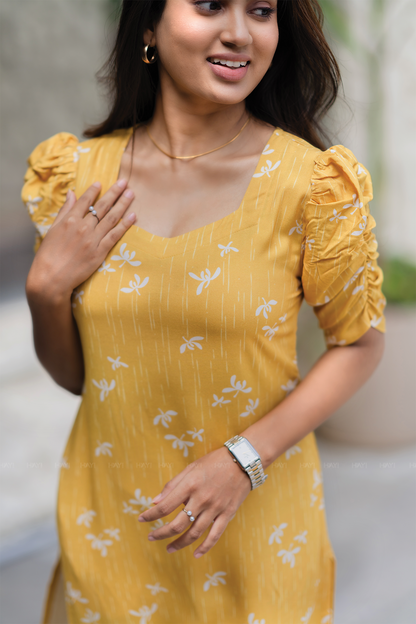 Lemon Pop Yellow Viscose Kurti with Sweetheart Neck & Ruched Sleeves