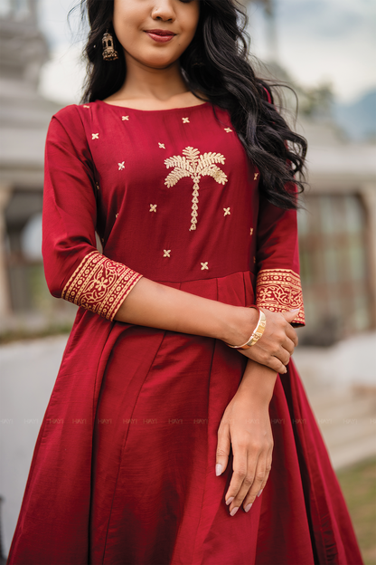 Palm Lustre Deep Red Viscose Placement Print Embroidered Anarkali with Round Neck & 3/4th Sleeves