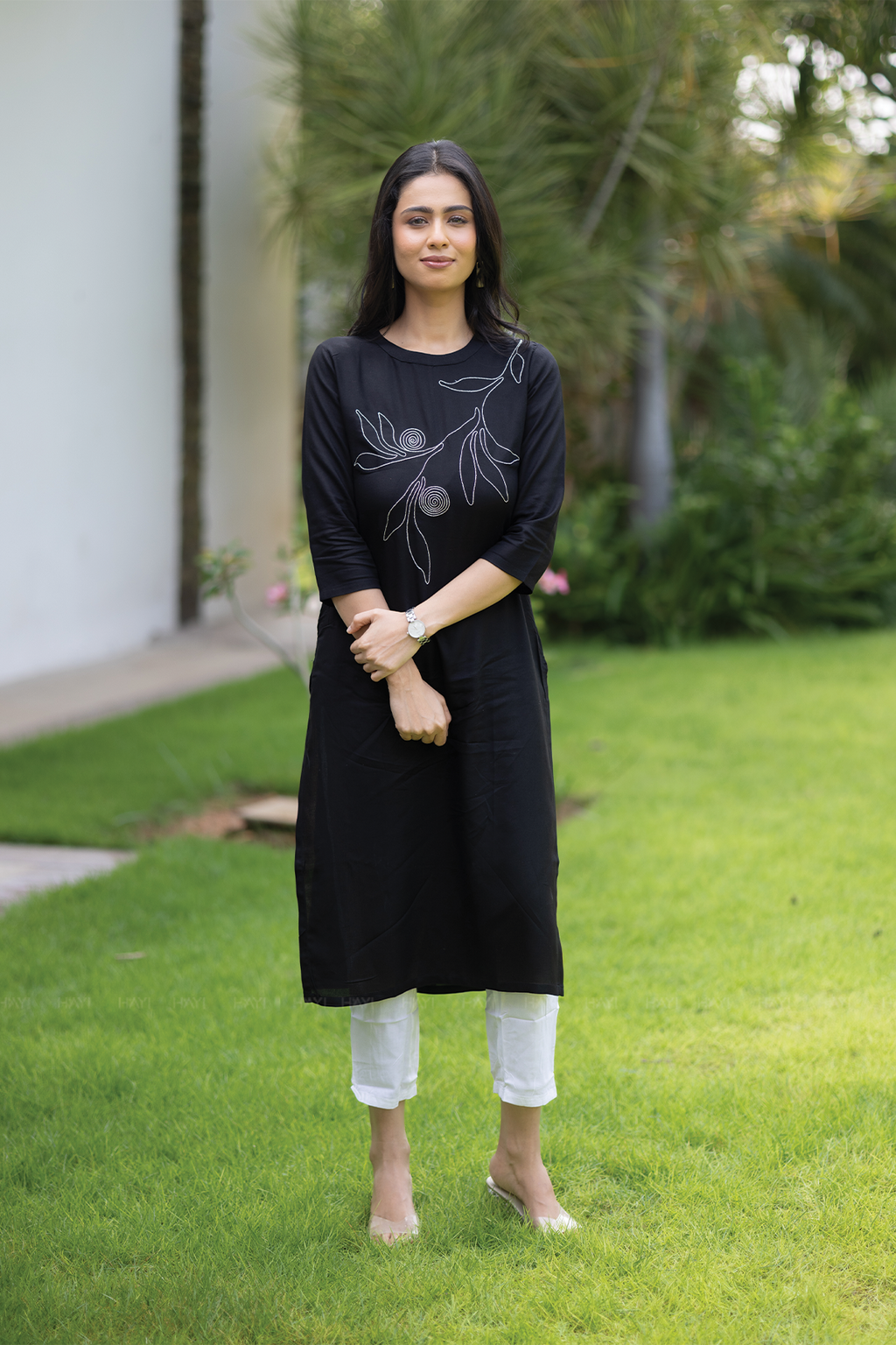 Dusk Noir Black Viscose Kurti with Closed Neck & 3/4th Sleeves
