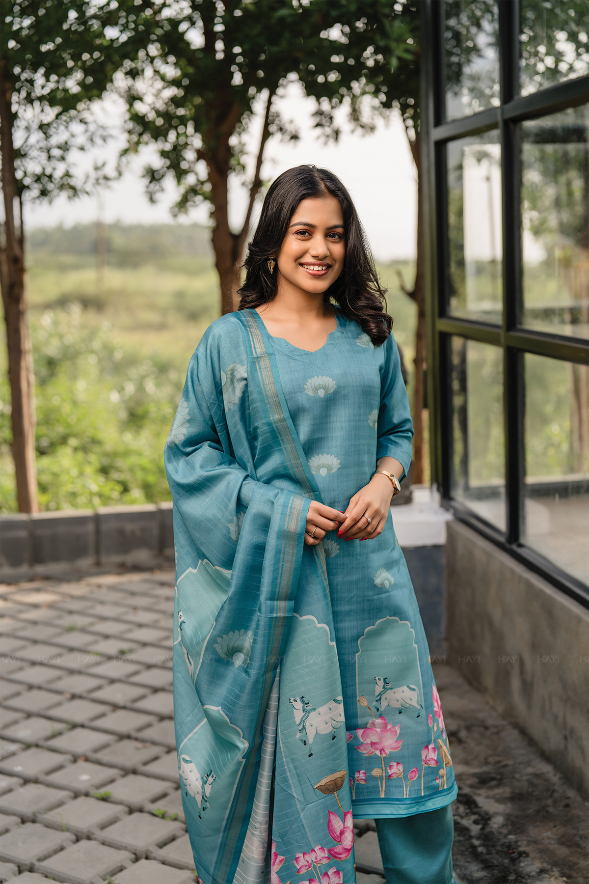 Lotus Charm Blue 3 Piece Tussar Silk Blend Printed Kurta with Pant & Dupatta