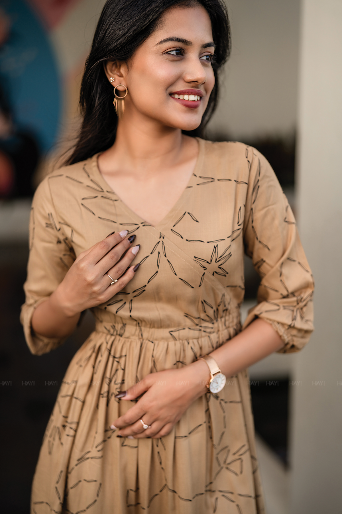 Lil Breeze Beige Viscose Dress with V-Neck & 3/4th Sleeves
