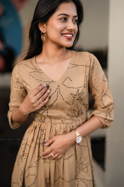 Lil Breeze Beige Viscose Dress with V-Neck & 3/4th Sleeves