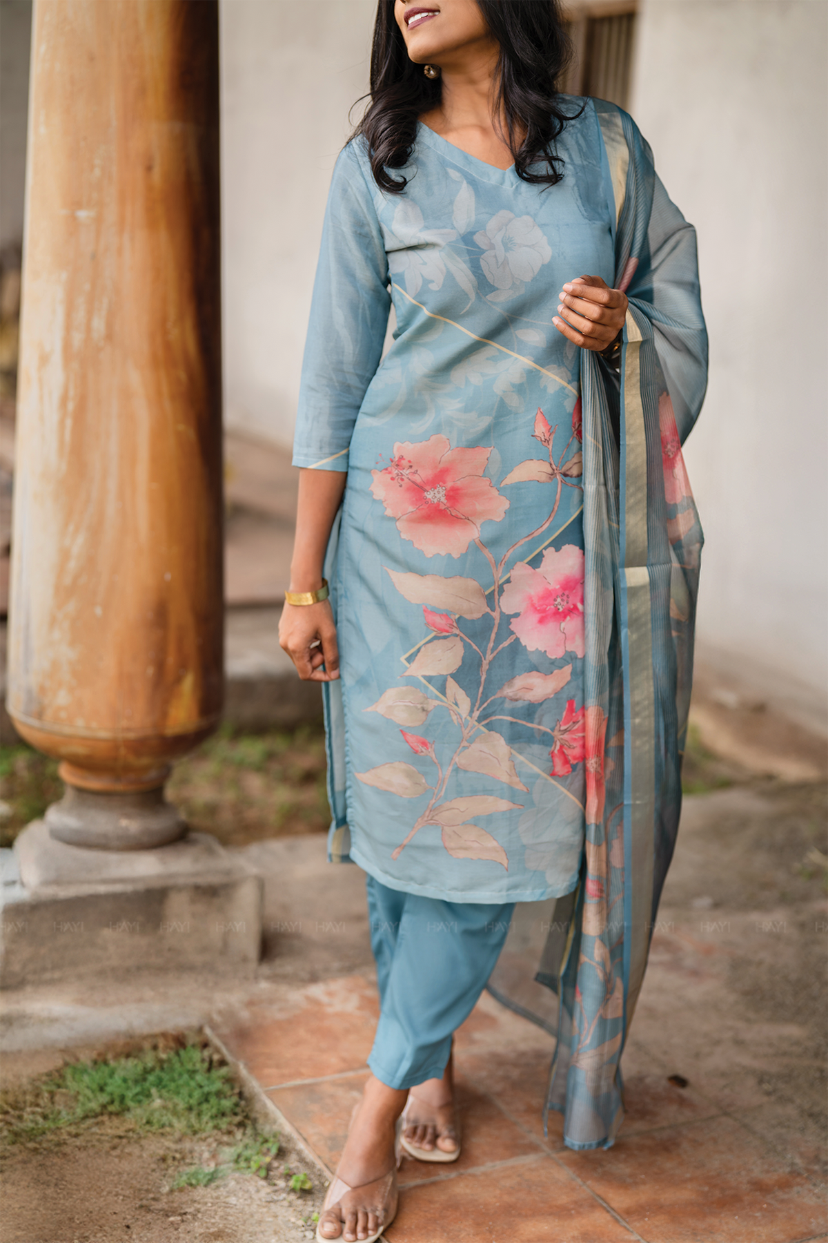 Blush Horizon Blue 3 Piece Shimmer Tissue Blend Floral Placement Print Kurta with Pant & Dupatta