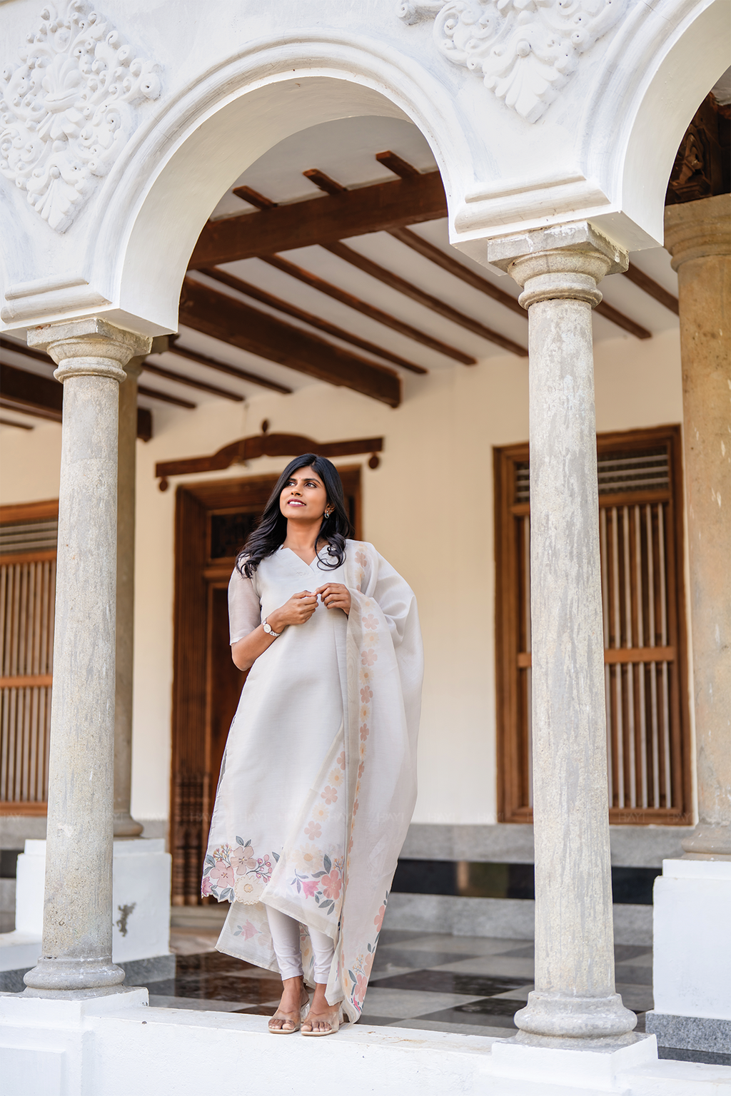 Silver Blossom 3 Piece Silk Blend Hand Embroidery Kurta with leggings & Dupatta
