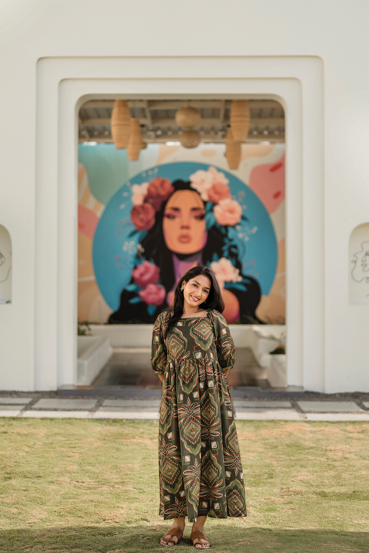 Burnished Green with Forest Desire floral printed Linen Blend Dress