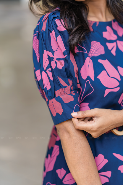 Berry Noir Blue Viscose Dress with Puff Sleeves & Belt