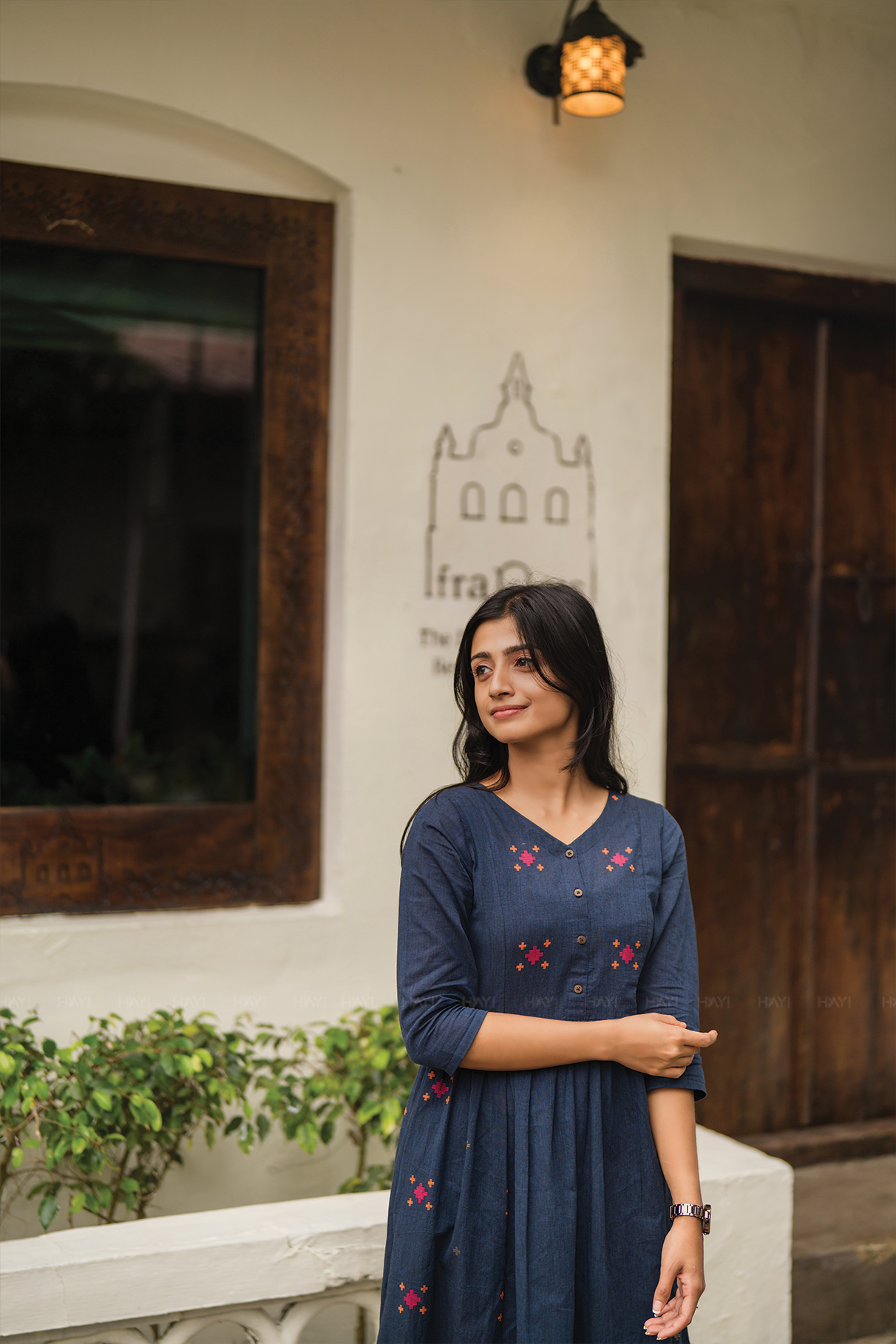 Smoke wood Blue Handloom Dress with V-Neck & 3/4th Sleeves