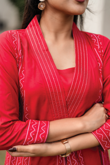 Red Muse Viscose A-line Dress with V-Neck & 3/4th Sleeves