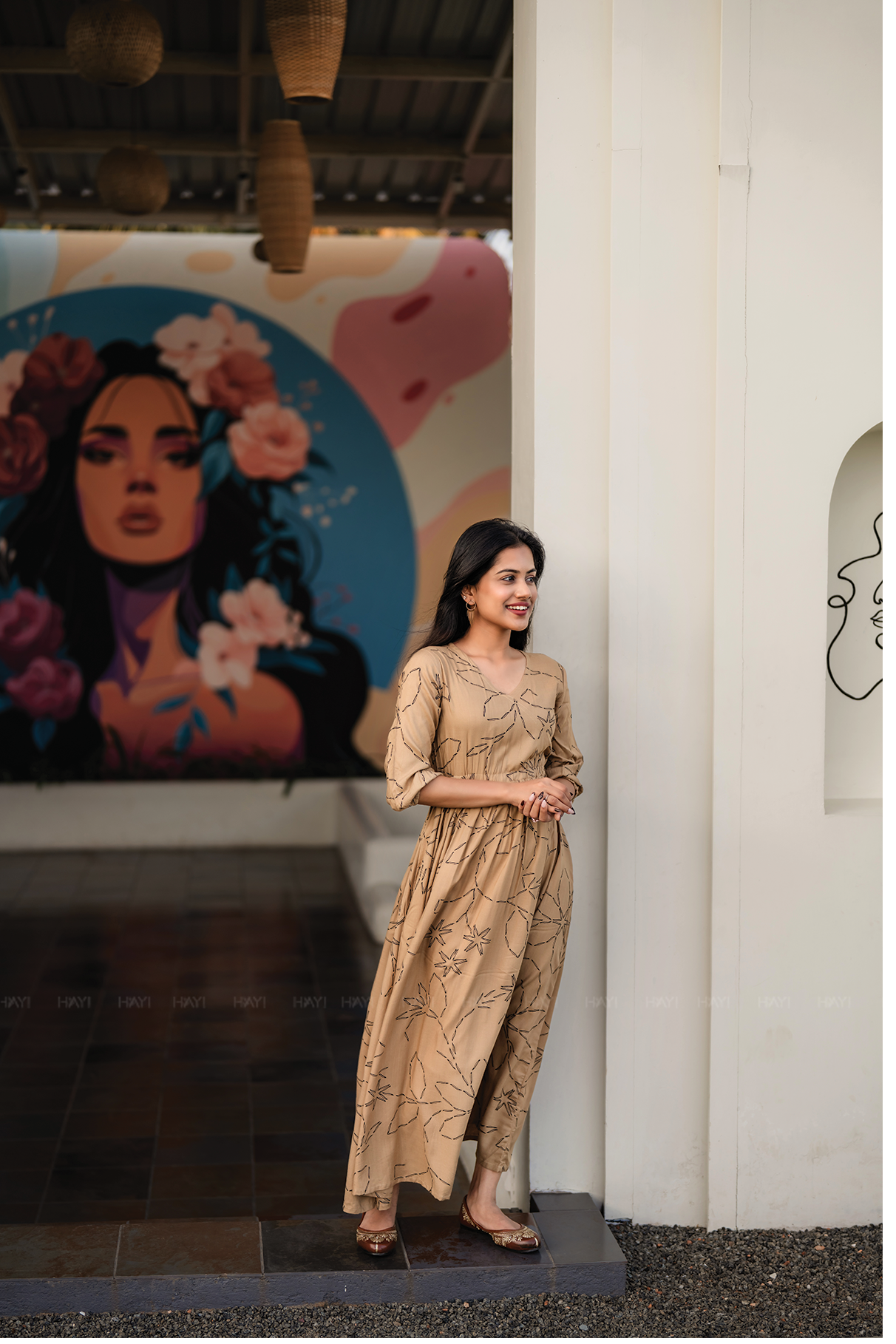 Lil Breeze Beige Viscose Dress with V-Neck & 3/4th Sleeves