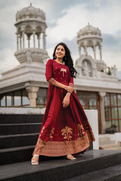 Palm Lustre Deep Red Viscose Placement Print Embroidered Anarkali with Round Neck & 3/4th Sleeves