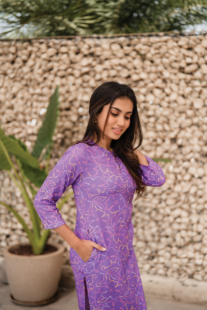 Floral Boodle Violet Viscose Kurti with Chinese Neck & 3/4 Sleeves