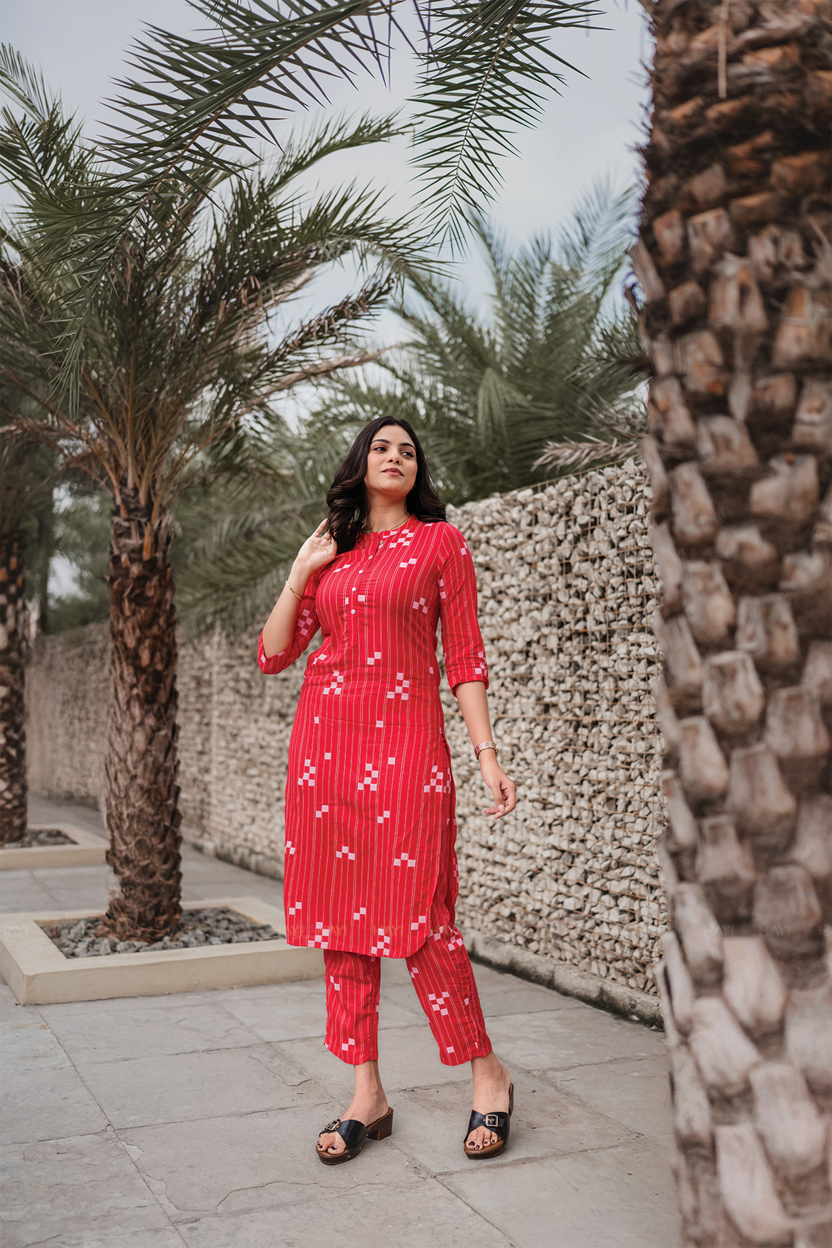 Blush Streak Red Viscose Co-ord with Chinese Collar & 3/4th Sleeves