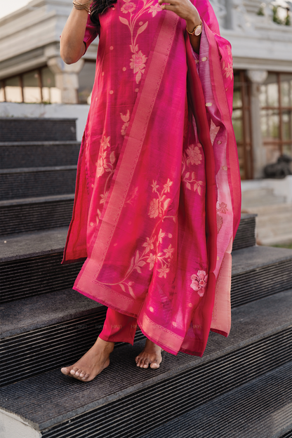 Rosewood Reddish Pink 3 Piece Jacquard Silk Blend Floral Placement Printed Kurta with Pant & Dupatta