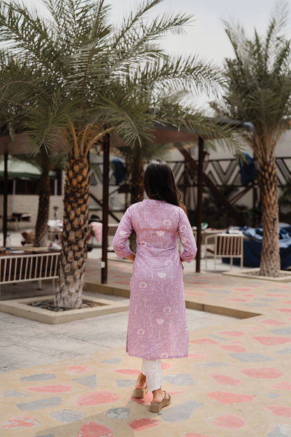 Floral Code Pink Viscose Kurti with Chinese neck with Keyhole & 3/4th Sleeves