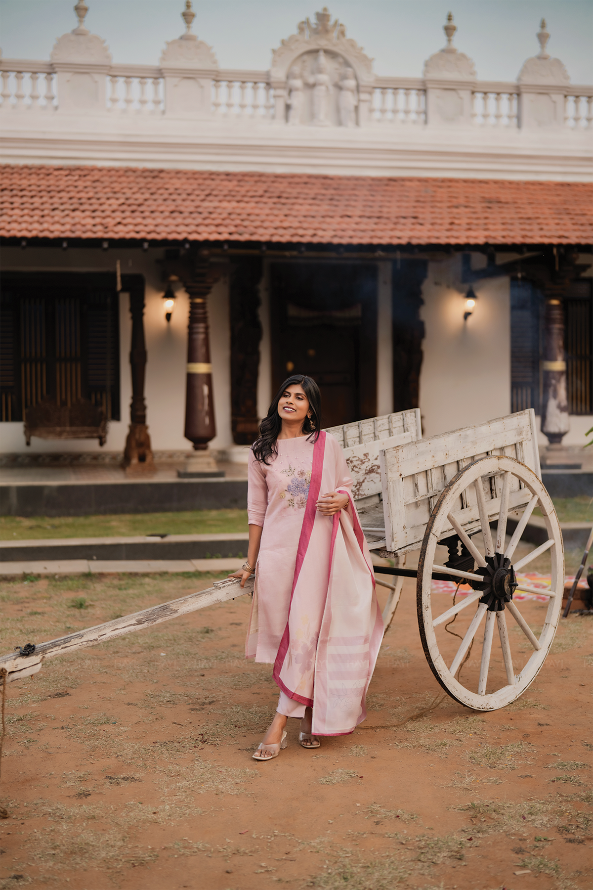 Rose Mist Light Pink 3 Piece Tussar Silk Blend Floral Embroidered & Printed Kurta with Pant & Dupatta