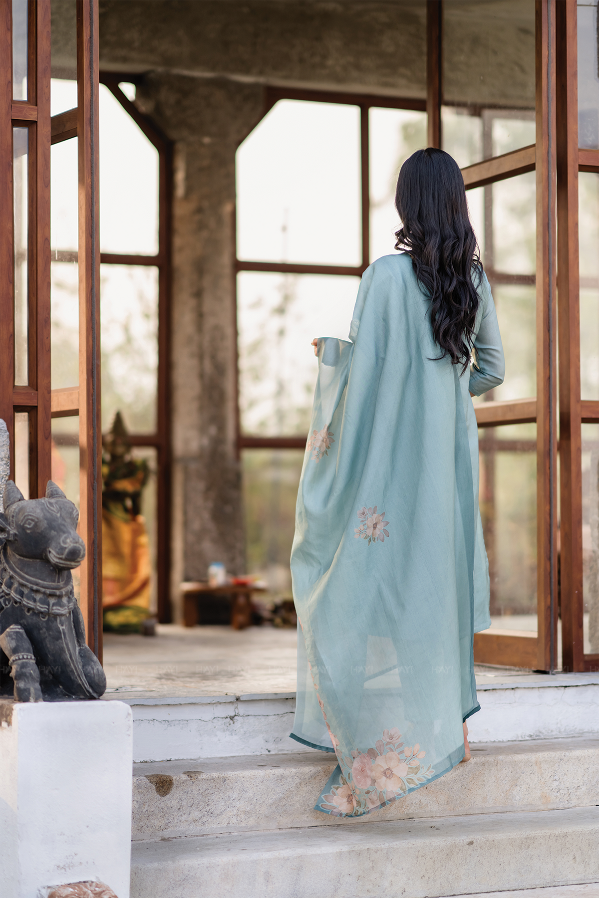 Rustic Charm Green 3 Piece Shimmer Tissue Blend Embroidered & Printed Kurta with Pant & Dupatta
