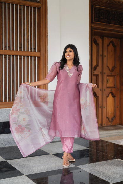 Pinkshift Shimmer 3 Piece Tissue Hand-Embroidered Kurta with Pant & Dupatta
