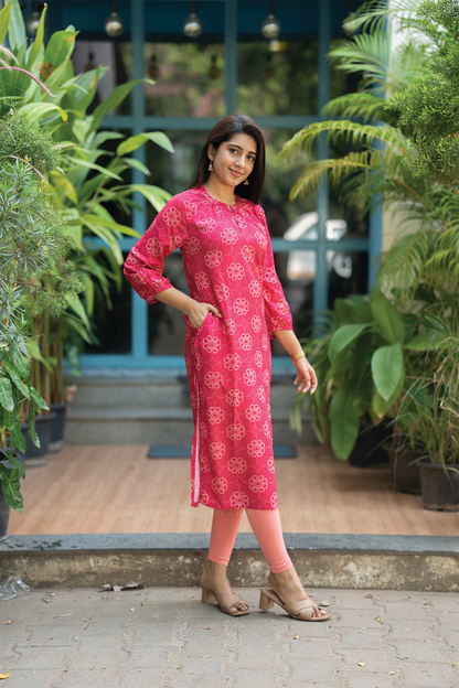 Mystic Berry Majenta Viscose Kurta with Neck Band & light Gathered Sleeves