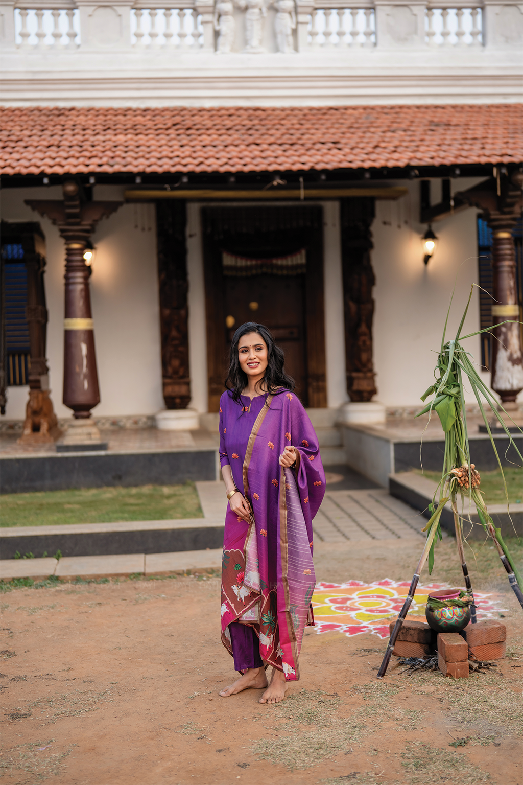 Ivanya Violet 3 Piece Tussar Silk Blend Printed Kurta with Pant & Dupatta