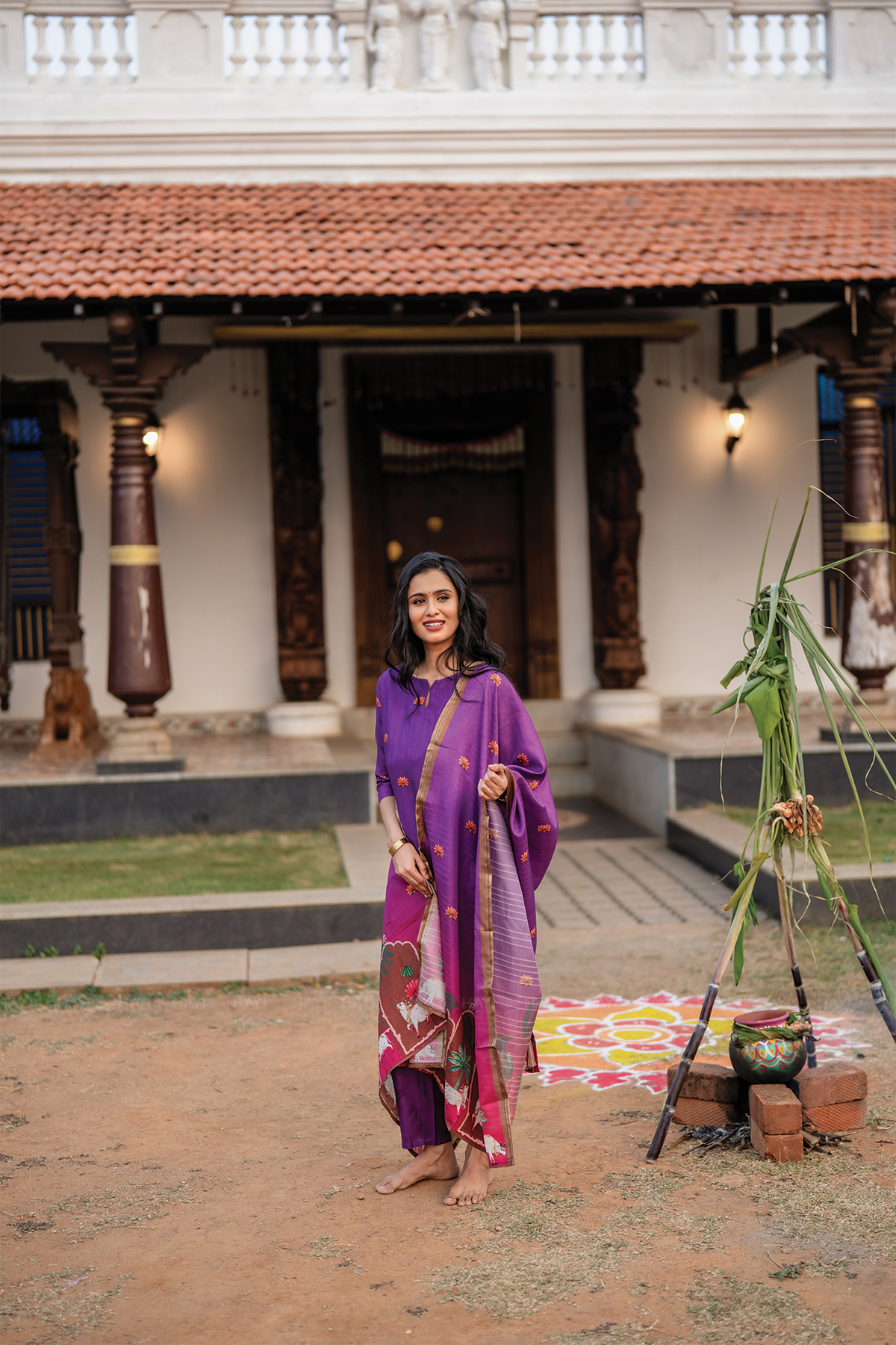 Ivanya Violet 3 Piece Tussar Silk Blend Printed Kurta with Pant & Dupatta