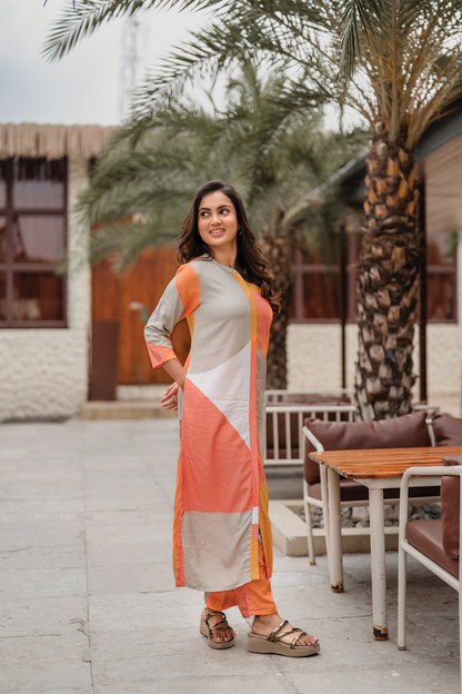 Rustic Rhythm Beige Viscose Co-ord with Chinese Collar & 3/4th Sleeves