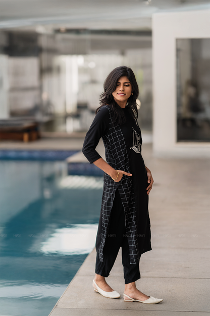 Plaid Muse Black Viscose Kurta with Embroidery and Print