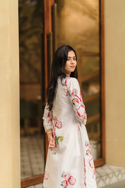 Pastel Floral Dream Off-White Linen Blend Co-ord with V-Neck & Lace